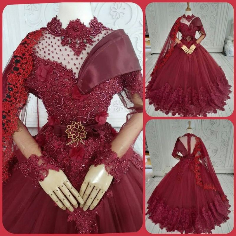 SALE  Set BAJU GAUN PENGANTIN maroon bridal gown barbie double tile full payet