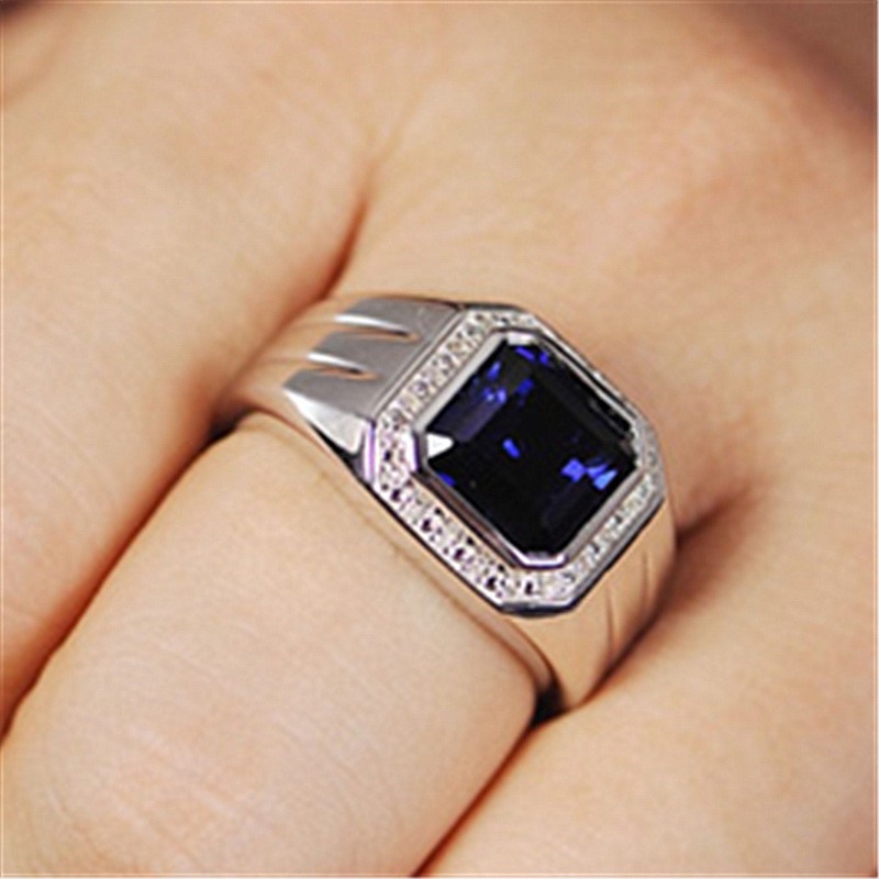 Cincin Pria Perak Royal Blue Safir Cubic Zirconia Safir Biru Elegan Minimalis Kantoran