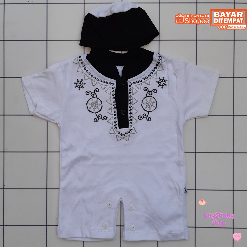 Baju muslim bayi romper model koko dengan peci full bordir HAYAMI