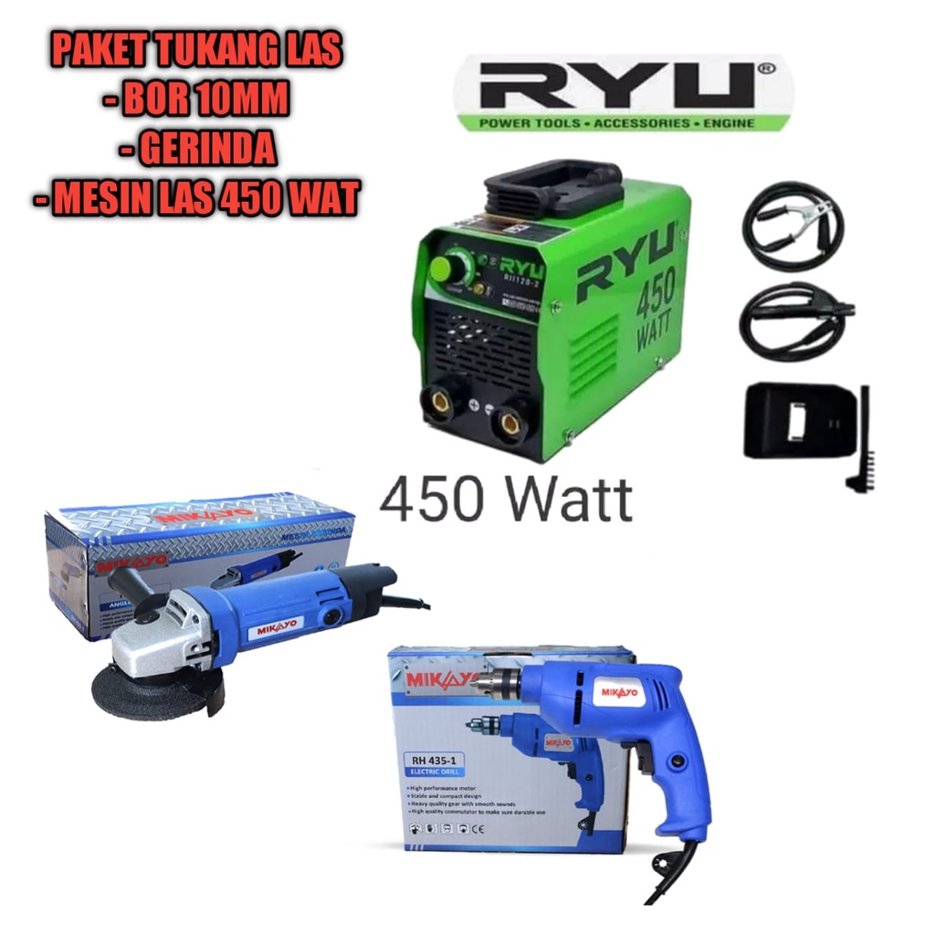 PAKET TUKANG LAS 3 ITEM MURAH!!! Mesin Las RYU Inverter MMA 120 IGBT Trafo Las Listrik 450Watt dan Gerinda Mikayo + Bor 10mm LAS T-REX 135T 480 WATT