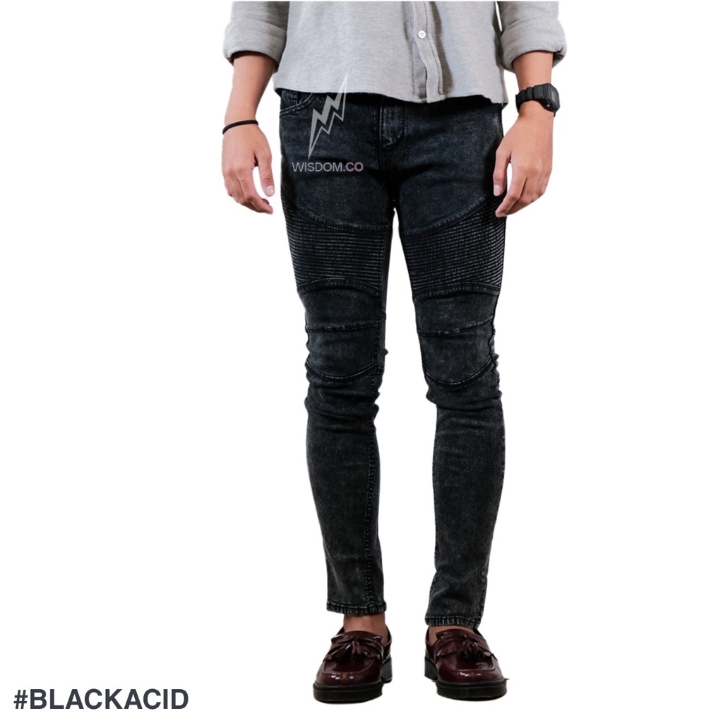 Wisdom - Celana Jeans  Bikers Snow Black Acid Full Ripped Premium Softjeans Stretch