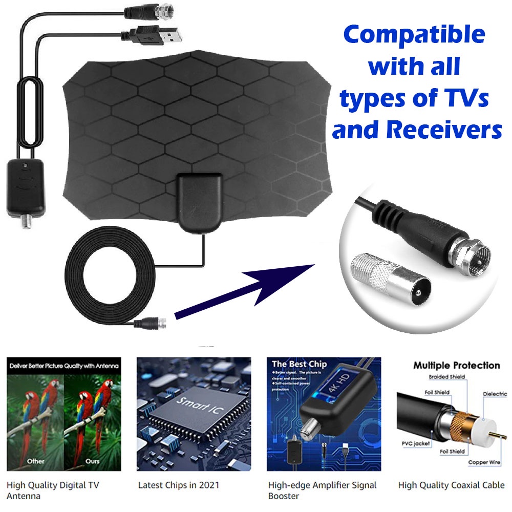 [100%ORIGINAL] ANTENA TV DIGITAL INDOOR DVB-T2 4K HIGH GAIN 25d Bonus Amplifier Booster Penguat Sinyal TV Bisa untuk TV non Digital, TV Tabung, TV Lcd, TVBOX, Receiver Digital, Set Top Box Digital, Android TV, Smart TV