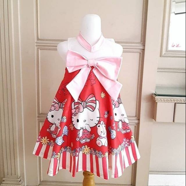 81098 HELLO KITTY RIBBON RED PINK BLUE / DRESS HELLOKITTY ANAK /GAUN PESTA ULANG TAHUN IMPORT KOREA