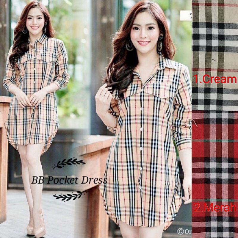BB Pocket Dress/Dress Kemeja Burberry/Kemeja Panjang kotak/model korean fashion style