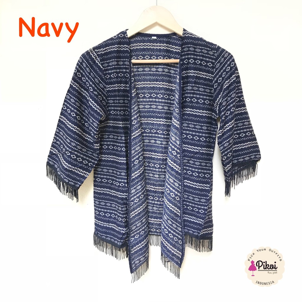 BEST SELLER 506 Cardigan Etnik Fringe Cardi Rumbai Navy Outer Batik outwear TERBARU