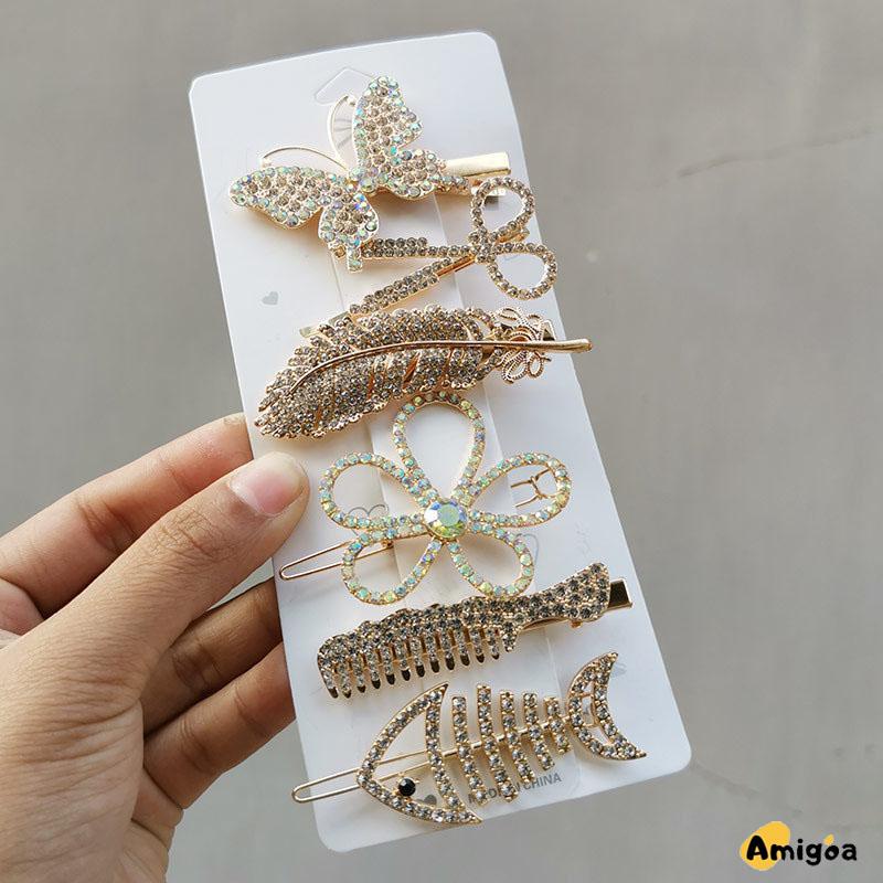 Fishbone Hairpin 6-Piece Set Aksesoris Rambut Vintage Set Dengan Diamond Pearl Edge Clip Bebek Paruh Clip - AG2