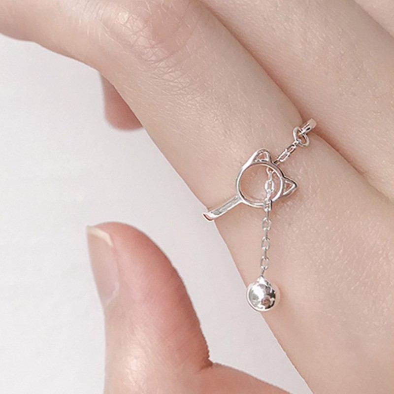 Mode Terkini Perak Tembaga Hollow Kucing Cincin Terbuka dengan Liontin Lonceng Rantai Pesona untuk