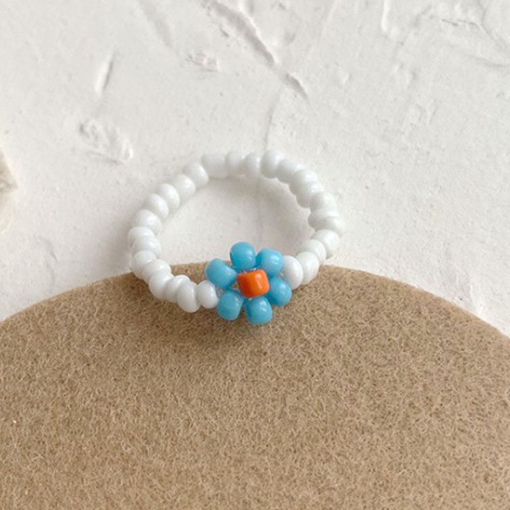 Cincin Elastis Adjustable Desain Bunga Manik-Manik Resin Warna Biru Hitam Merah Putih Gaya Bohemian Untuk Wanita