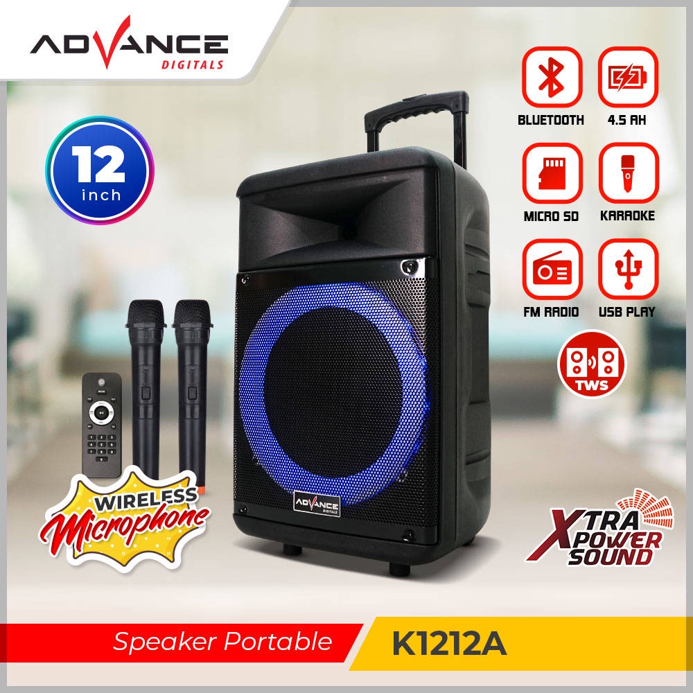 【READY STOCK】 Advance Speaker 12&quot; Woofer + Tweeter Roda  Portable Advance Audio K1212A  2 Mic Wireless |Garansi Resmi 1 Tahun|