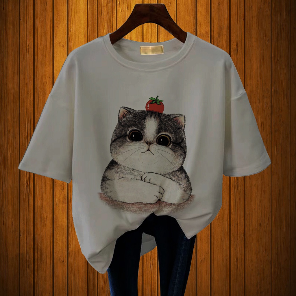 CALVIERO SHOP - BAJU KAOS WANITA DEWASA PRINT CHUBBY CATS CASUAL