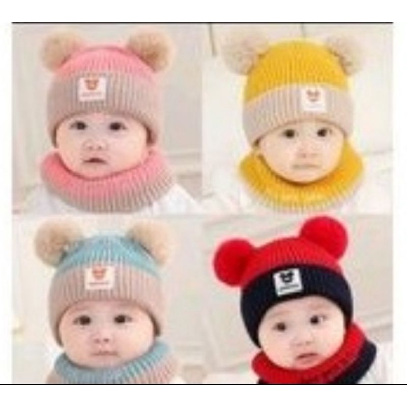 Topi Bayi RAJUT MICKY 2 Warna / Pompom Haopenyou  Kupluk Rajut Bayi