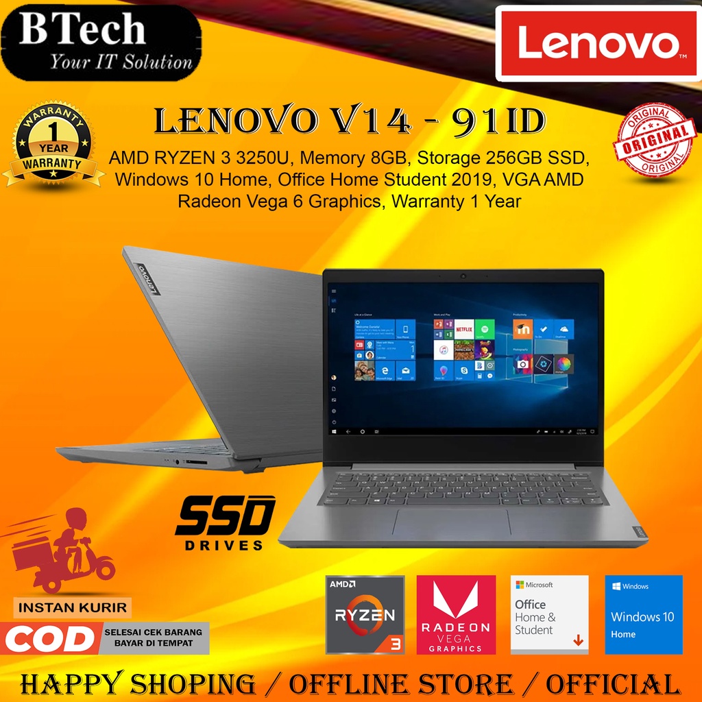 Lenovo V14 - 91ID - Ryzen3 3250U 8GB 256GB SSD 14" HD Win10 + OHS