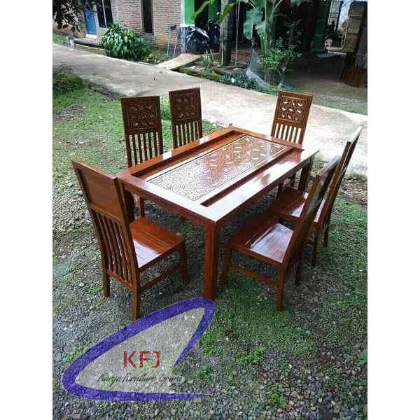 meja makan jati + kaca