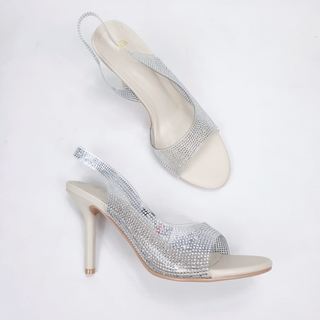 SANDAL WANITA ZS-3596 GLITTER TRANSPARNT HEELS 9CM WHITE
