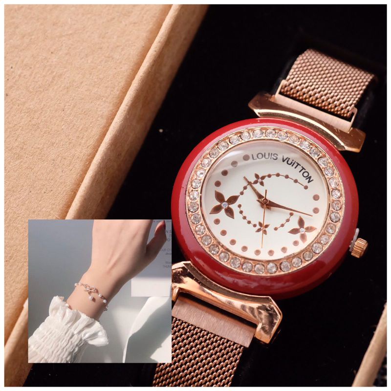 (WB)JAM TANGAN LV NEW COLLECTION FASHION WANITA TALI RANTAI PASIR FREE BOX ORIGINAL + GELANG PREMIUM