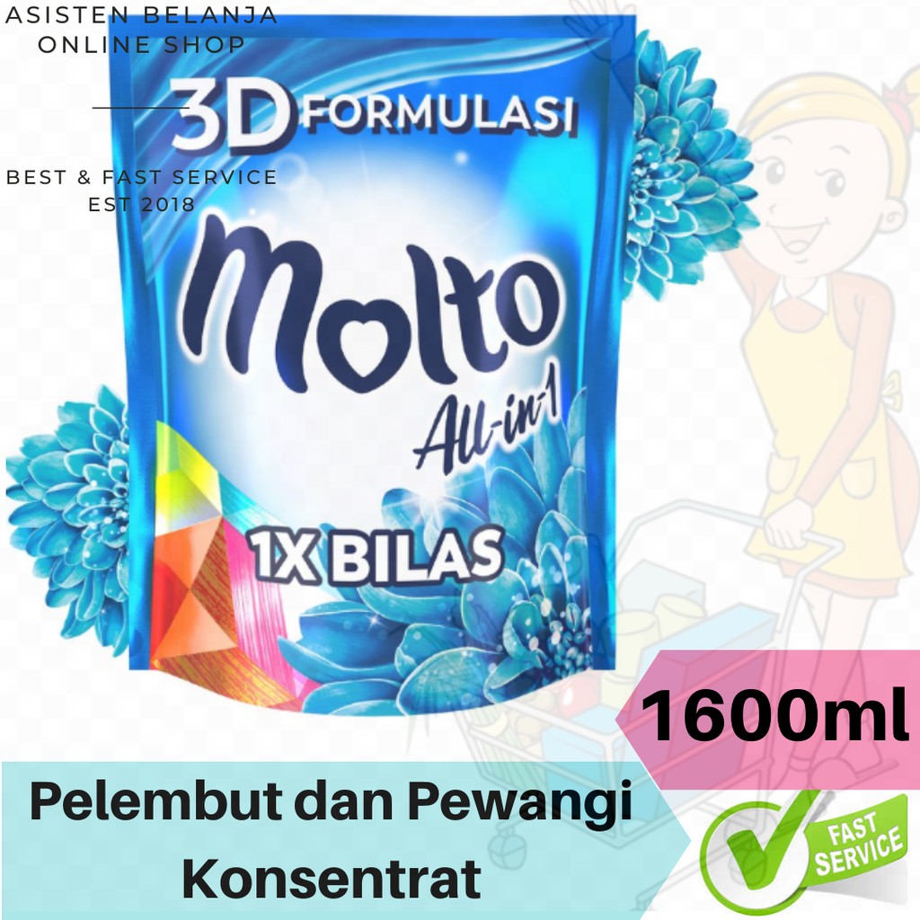 Molto All In 1 Blue / Biru 1600ml 1x Bilas Pelembut / Pewangi / Softener 1,6L 1600 ml 1.6 Liter All in One