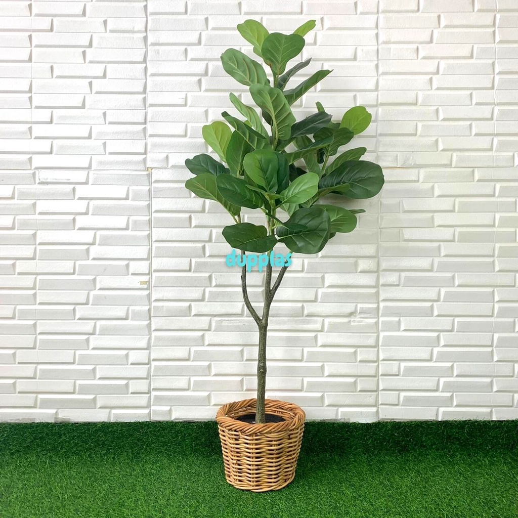 Pohon Daun Ketapang Biola T120 Artificial Cover Pot Rotan Bulat Tanaman Hias Bunga Plastik Dekorasi 