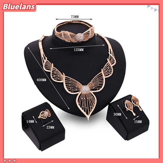 Bluelans Set Perhiasan Kalung Gelang Cincin Anting Lapis Emas Model Rongga