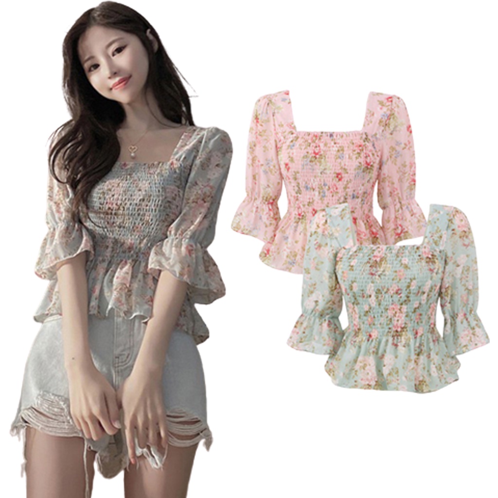 KOREAN STYLE FLORAL VINTAGE TOP BLOUSE ALA KOREA ATASAN WANITA