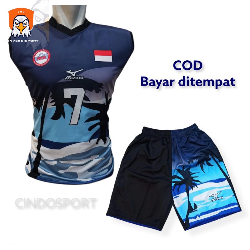 (BISA COD)PANTAI BIRU Stelan baju volly kaos  olahraga jersey bola voli printing