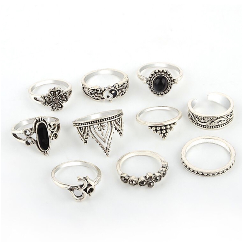 SEUSUK  Set of 10 bohemian yoga yin and yang finger ring ring Midi ring stack ring