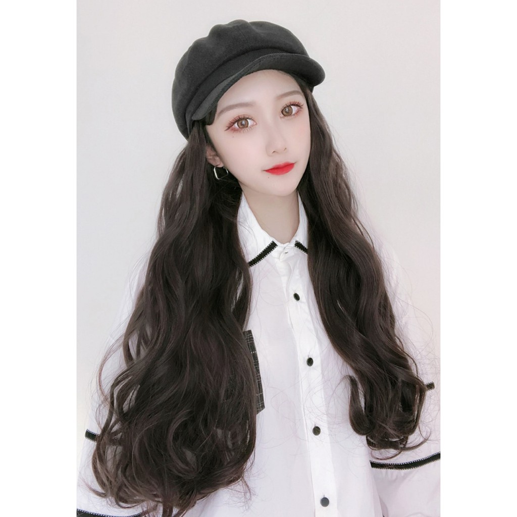 HTO wig topi octagonal baret beret panjang wig hat rambut palsu hair extension