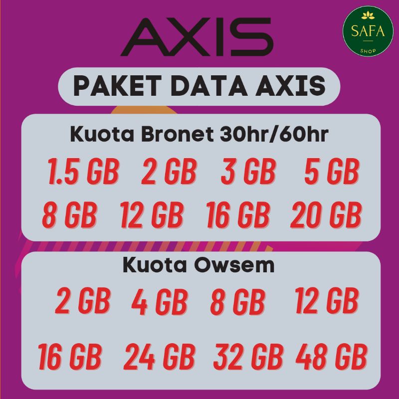 Paket Data Kuota Axis Murah Bronet Owsem 30 hari 60 hari 1GB 2GB 3GB 5GB 8GB 10GB 12GB 16GB 20GB 22G