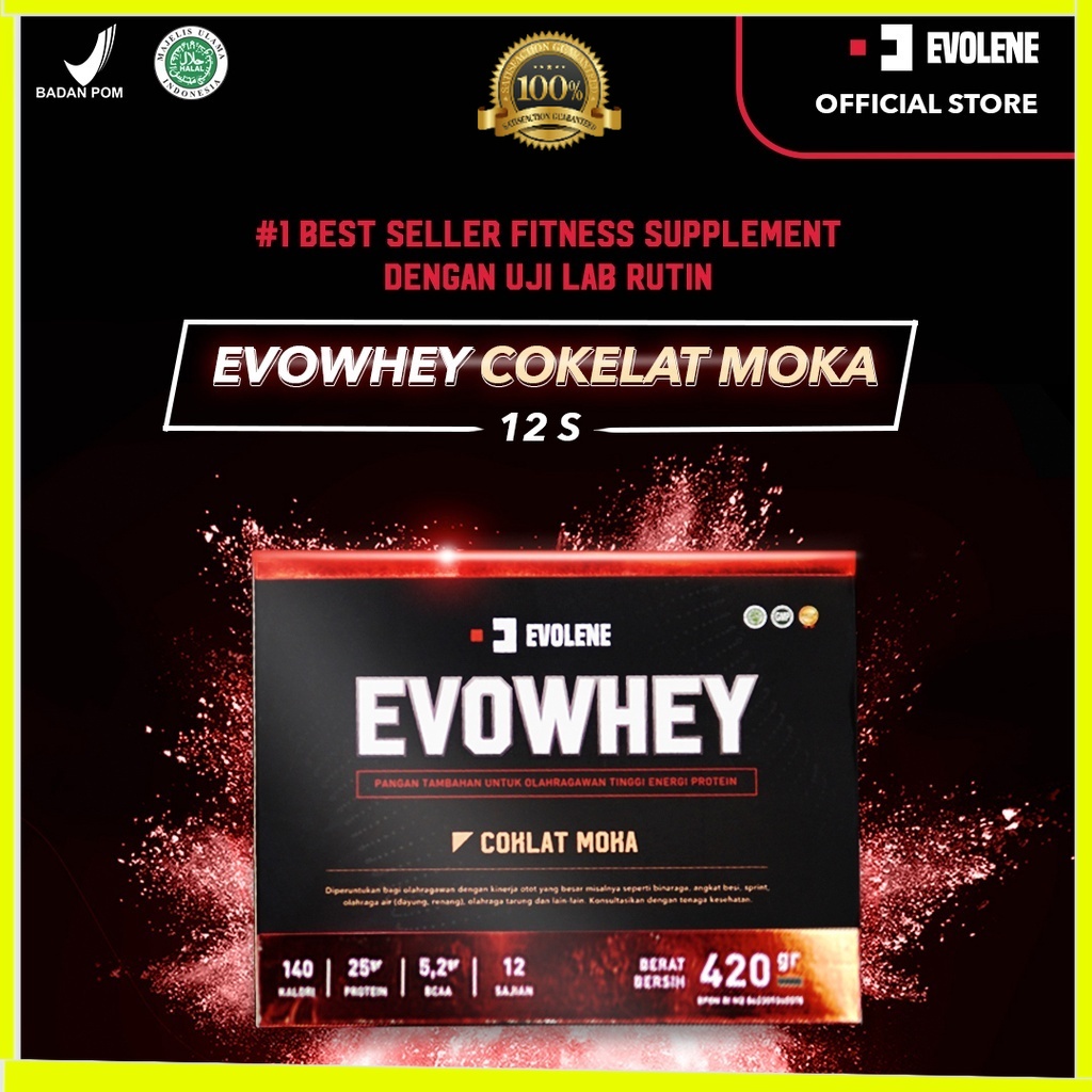 Whey Protein Coklat Moka 456gr/12 Sachet - Suplemen fitness pembentuk Otot - Defisit kalori - Susu Protein - Suplemen Fitness - Minuman Protein - Suplemen Workout Evolene Evoline Evolen