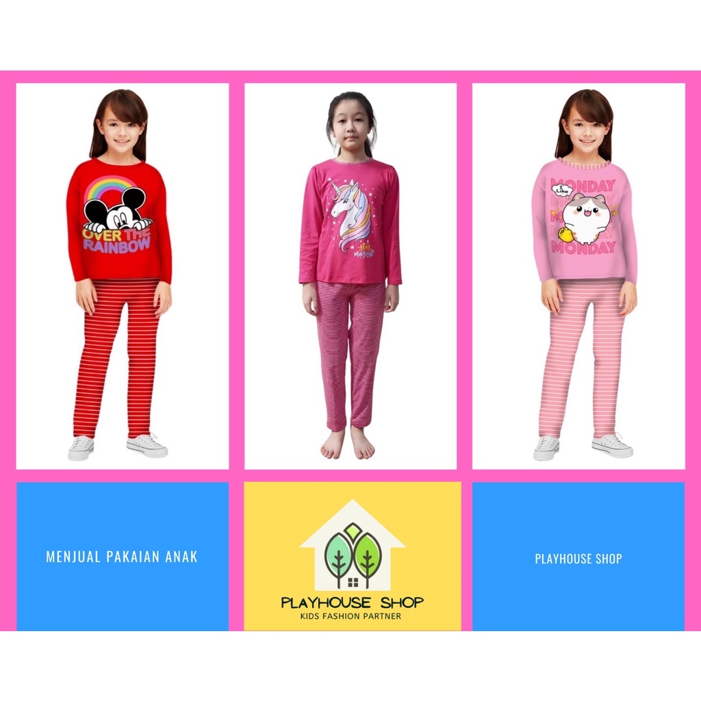 Baju Tidur Setelan Lengan Panjang Anak Perempuan 4-12 Tahun / Piama Anak