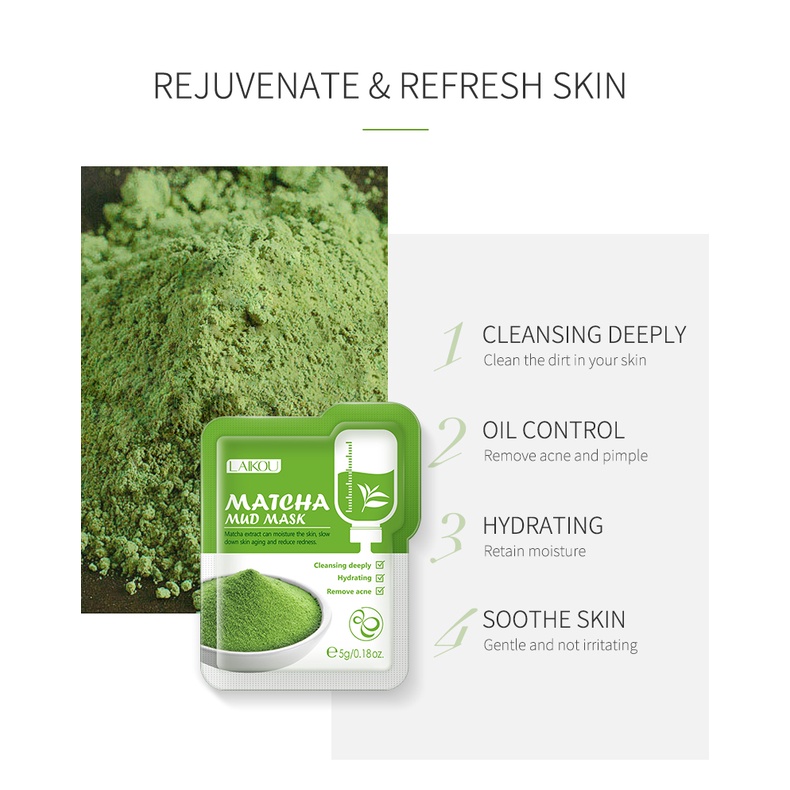 LAIKOU Mud Mask Matcha Membersihkan Mengontrol Minyak Mengurangi Jerawat Komedo 1pc