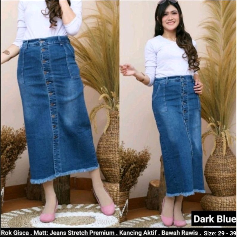 Rok Jeans Stretch Span Panjang Gisca Kancing Depan Tebal Dan Melar-4