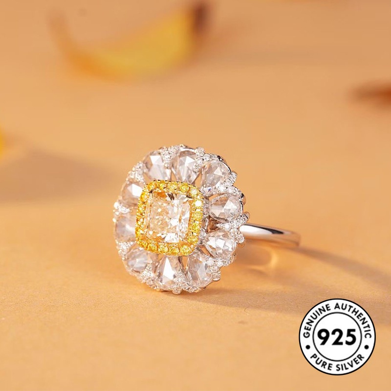 Cincin Sterling Silver 925 Model Bunga Dengan Berlian Kuning Mewah Untuk Wanita