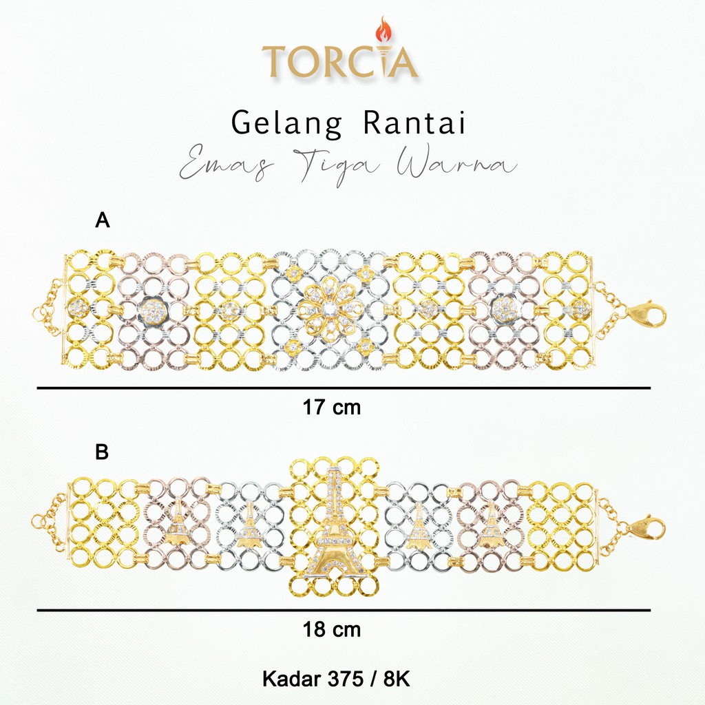 Gelang Rantai Emas Asli Tiga Warna Bunga Menara Eiffel Paris Kadar 375 Torcia
