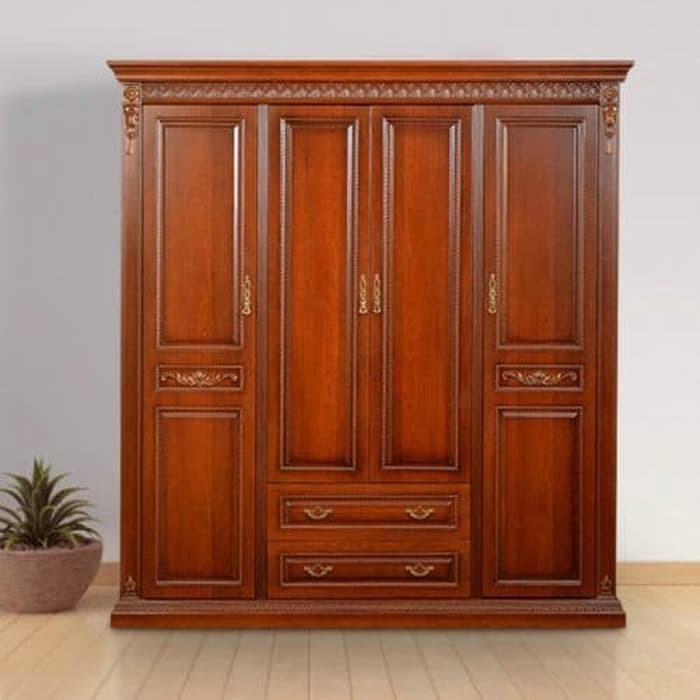 Lemari baju wardrobe pintu 4 jati solid natural ukir Kayu Jepara
