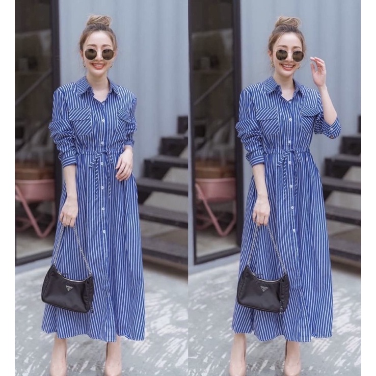 maxi dress shirt stripe korean design / maxy fashion salur
