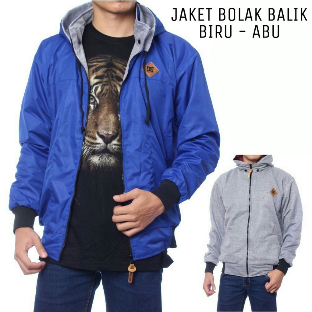 JAKET BOLAK BALIK PRIA BB 2in1 PARASUT ANTI AIR FLEECE SIZE M L XL-BIRU ABU