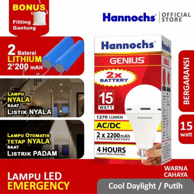 Hannochs Genius Bohlam LED 15 watt Lampu Emergency AC/DC - Cahaya Putih