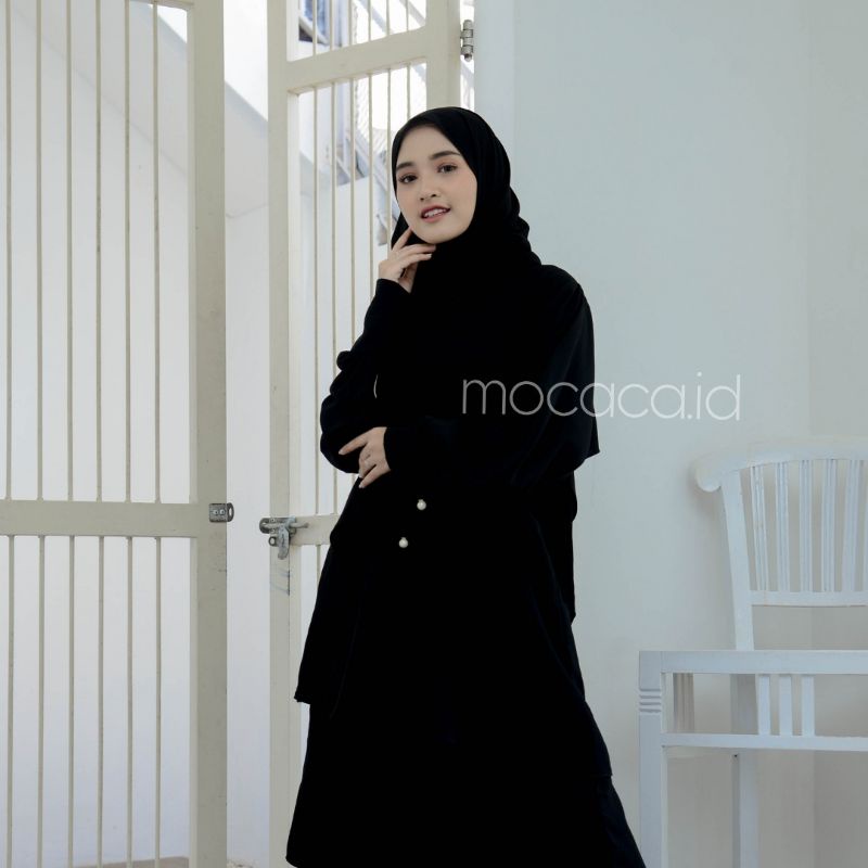 gamis susun hitam jetblack jet black pekat premium tidak nerawang bisa syari  sudah 1 set dengan pashmina jumbo busui friendly kancing lengan lebar limited edition