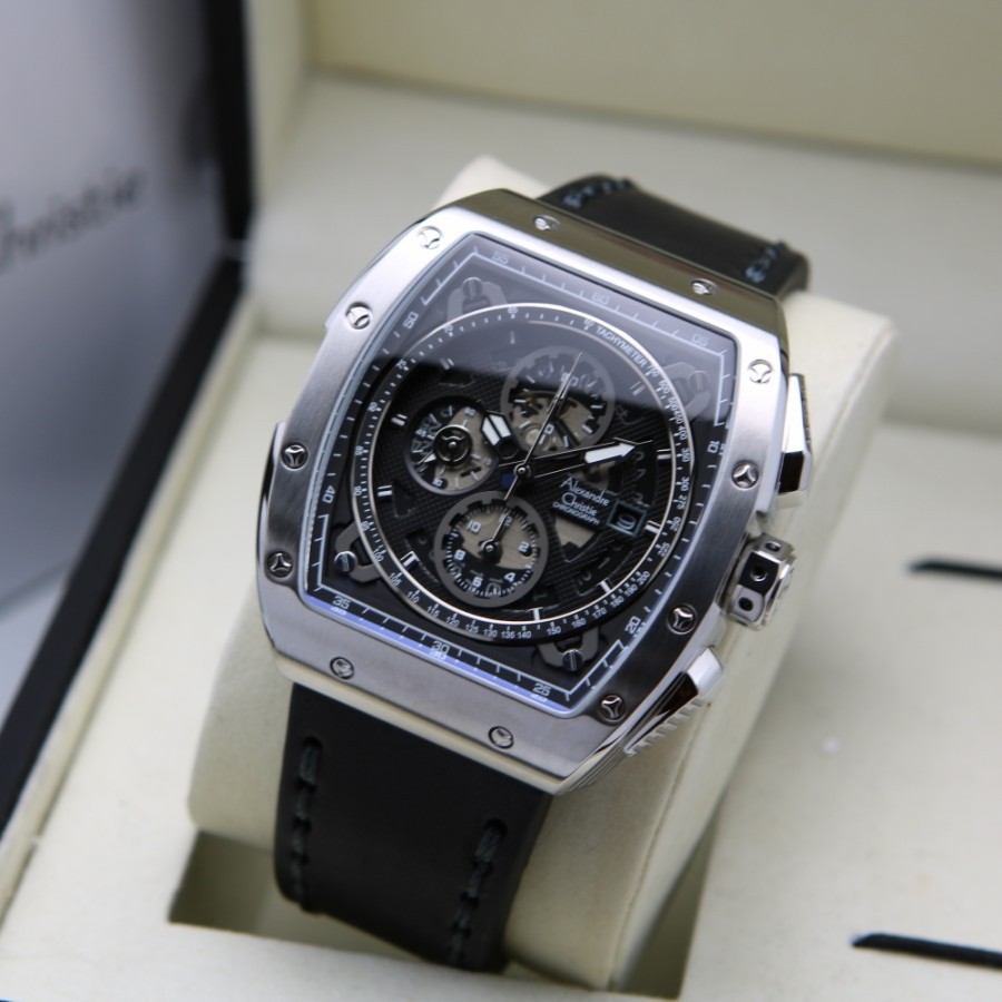 JAM TANGAN PRIA ALEXANDRE CHRISTIE AC 6411 / AC6411 SILVER BLACK LEATHER ORIGINAL