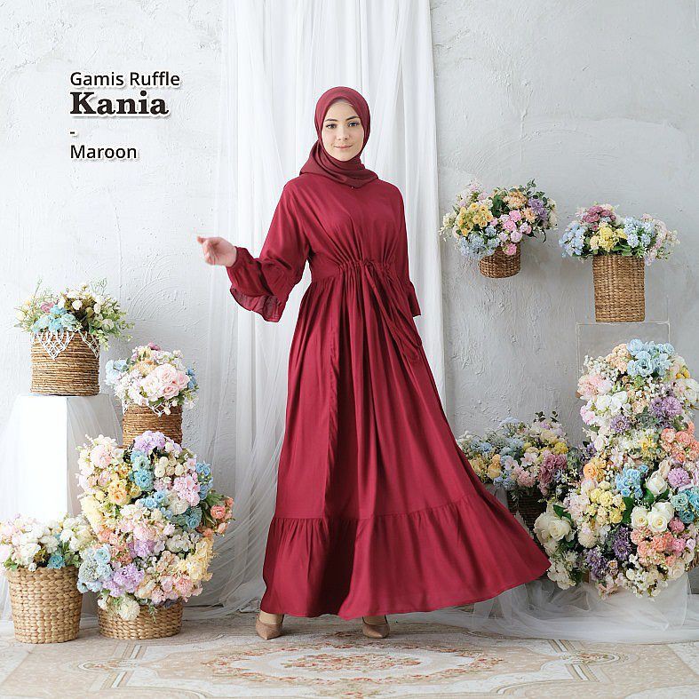 Gamis Wanita Dewasa Bahan Rayon Premium Adem Polos Busui Friendly Ruffle Kania Merah Marun Maroon