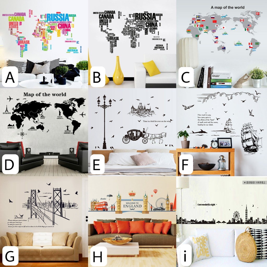 Reliza LIVE Wall Sticker Map Of the World Kota Monumen City Animal Cat Kucing Rusa Stiker Dinding LDR52