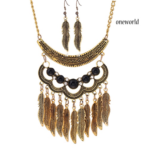 OW@ Women Vintage Leaves Tassels Pendant Choker Necklace Hook Earrings Jewelry Set