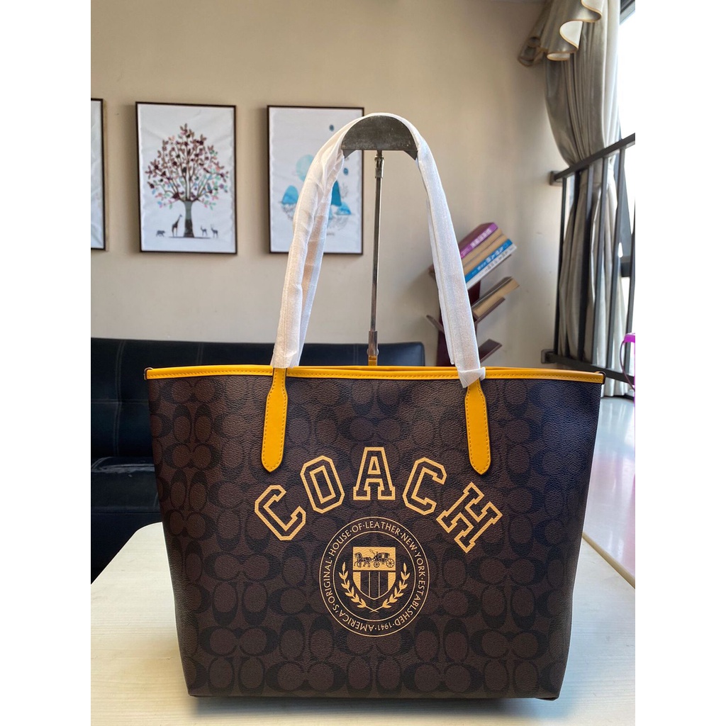 Coach City Tote In Signature Canvas With Varsity Motif CB869