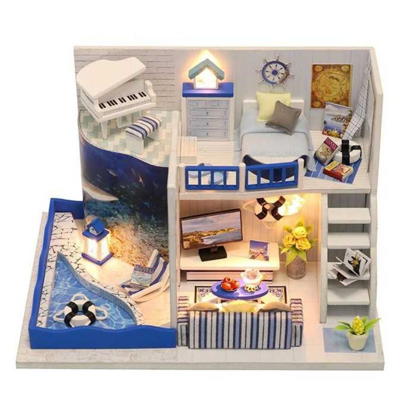 HONGDA Miniatur Rumah Boneka DIY Doll House Wooden Furniture - M040- biru