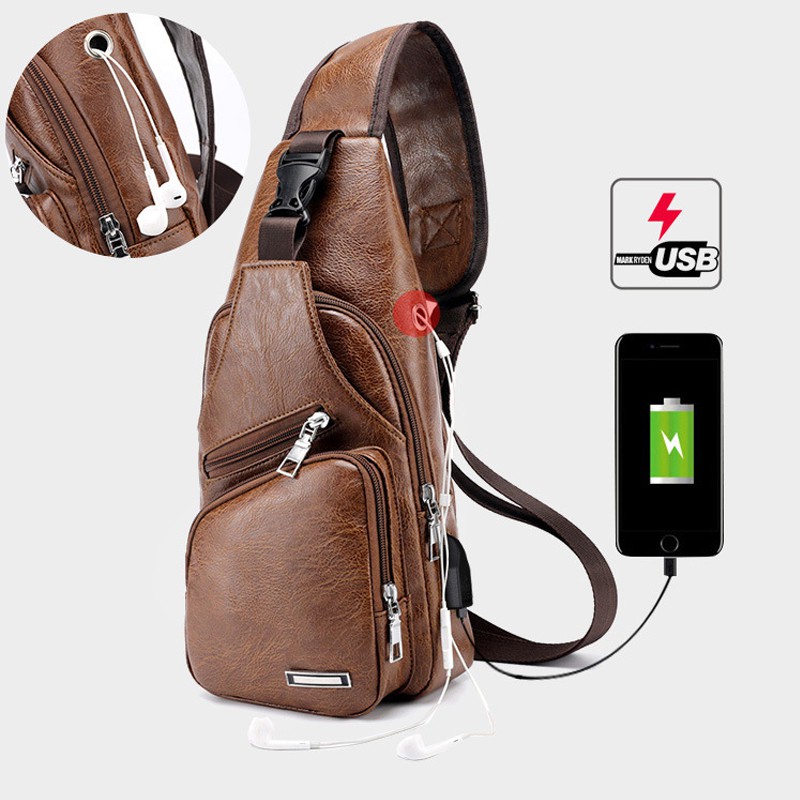 Uphike - Tas Slempang Kulit Tas Import Tas Pria + USB Charger TS601