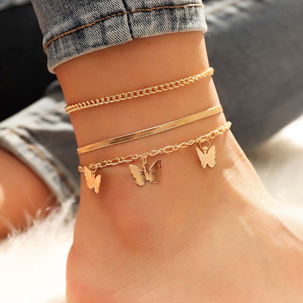 Needway  3Pcs/Set Female Foot Chain Thick Foot Accessories Anklet Set Trendy Butterfly Multilayer Foot Jewelry Boho For Women Pendant/Multicolor