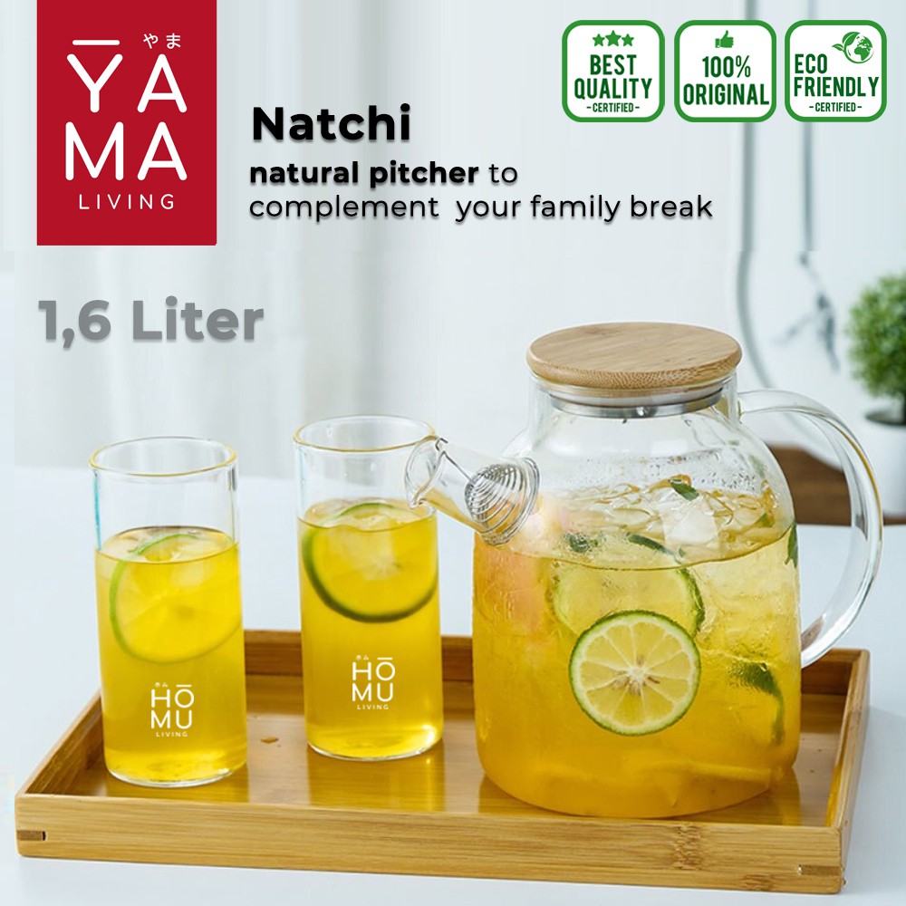 YAMA NATCHI Natural Wood Pitcher Pot Infuser Teko Kaca Bamboo Teapot 1,6 L