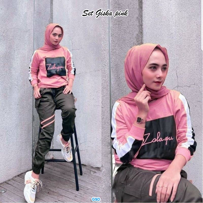 Set Giska/Setelan Training Muslimah Wanita/ Baju Senam Wanita/Setelan Training Kekinian