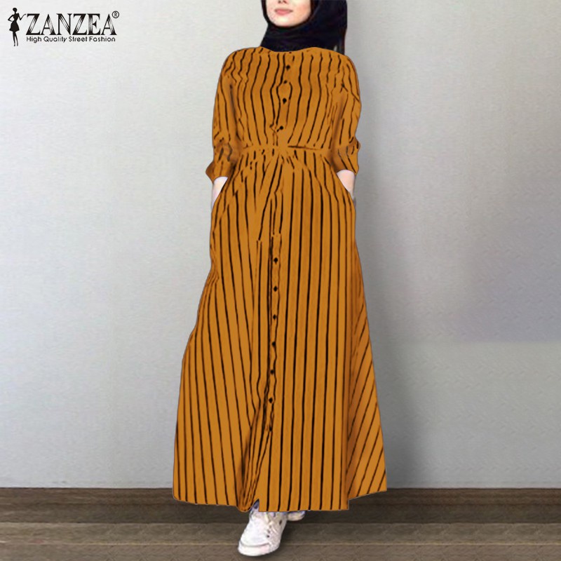 ZANZEA Women Long Sleeve Lapel Collar Belted Striped Muslim Long Dress