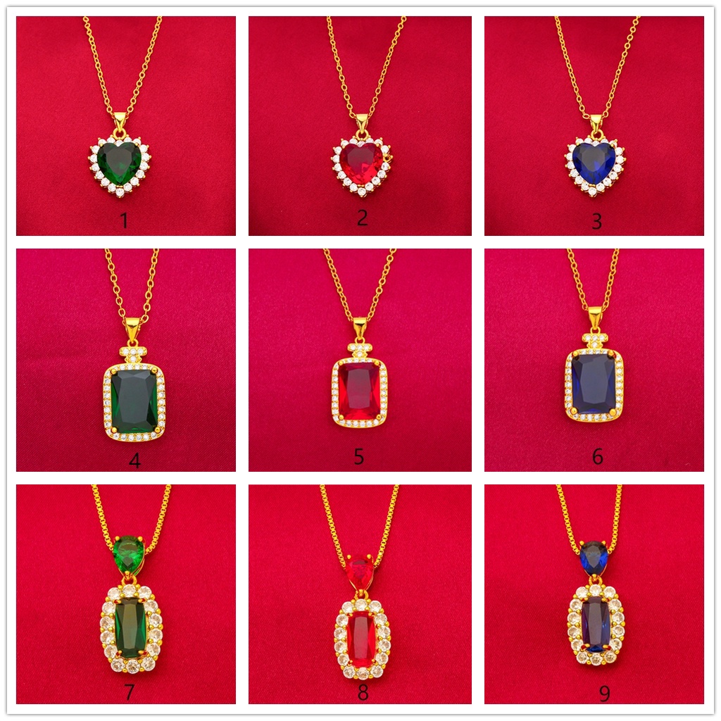 Kalung Lapis Emas Asli Kadar 375 Hias Liontin Ruby Emerald Sapphire Berlian Kilau Untuk Wanita